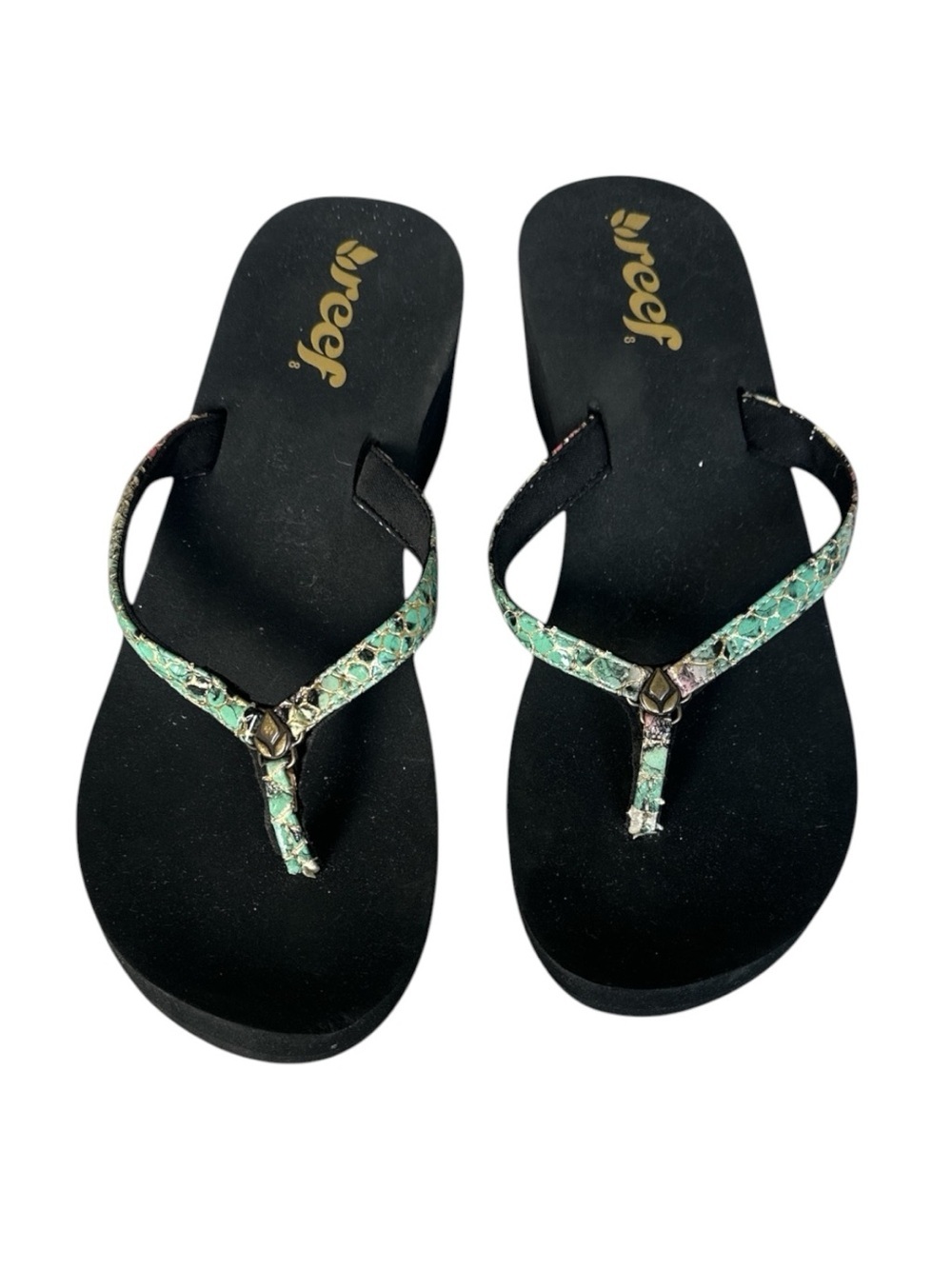 Reef Women’s Black Sandals with Mint Snake-Print Straps